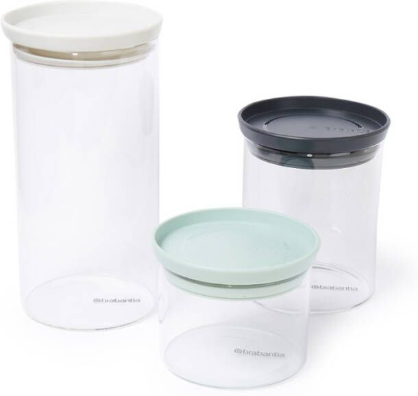 Brabantia Glazen Voorraadbussen Stapelbaar, Set Van 0, 3 0, 6 1, 1 Liter Light Grey, Dark Grey En Jade Green